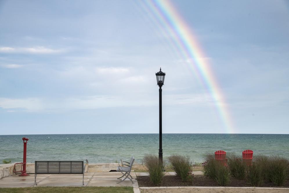 A rainbow is pictured over Lake Michigan.